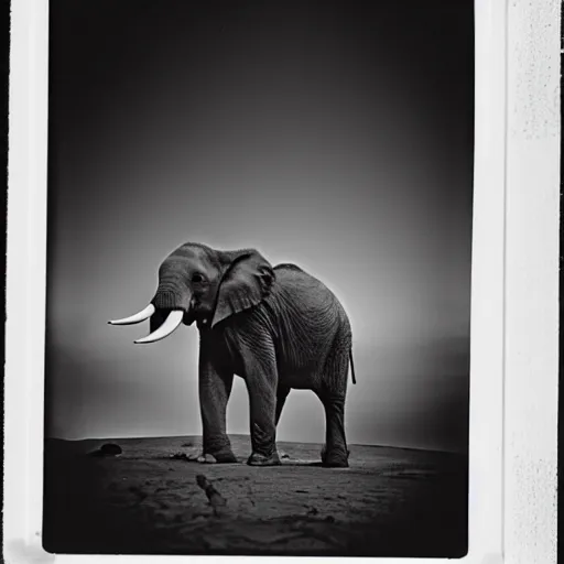 Image similar to extremely detailed black and white polaroid picture by john l. gaunt of a baby elephant standing on the moon's surface. the sky is ominous and filled with crashing meteorites. very grainy picture. dramatic lighting.