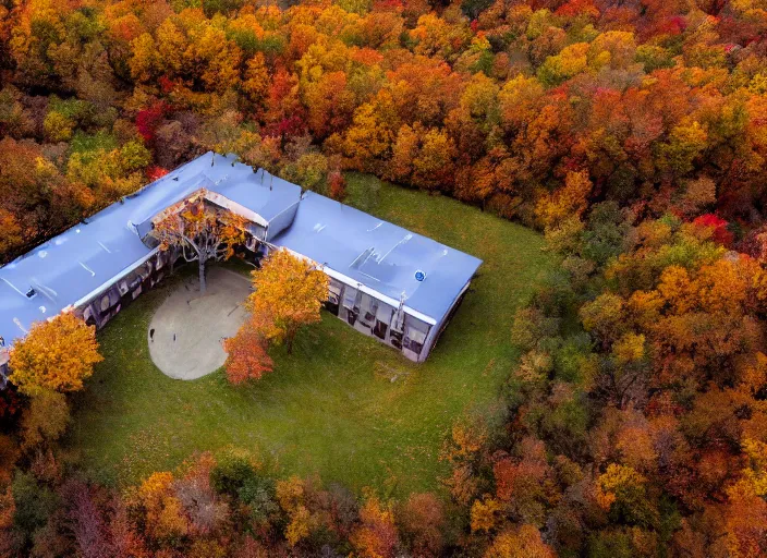 Prompt: low drone shot of a ranch style School in the middle of the Woods during autumn