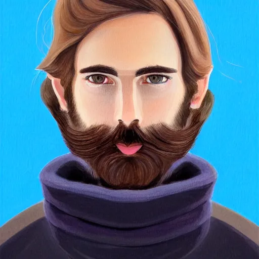 Image similar to gangly man with short dark blond wavy hair, dark blond trimmed beard, English heritage, blue eyes, middle aged, wearing a turtleneck and jacket, pale skin, narrow face, digital art, painterly, cartoon, cute, 8k, illustration, art by loish, painterly, trending on artstation, medium shot, uncropped