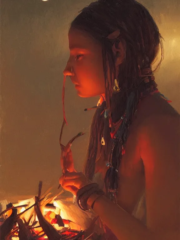 Prompt: an ultradetailed beautiful portrait painting of an female tribe native at a campfire at night, side view, oil painting, high resolution, by ilya kuvshinov, greg rutkowski and makoto shinkai