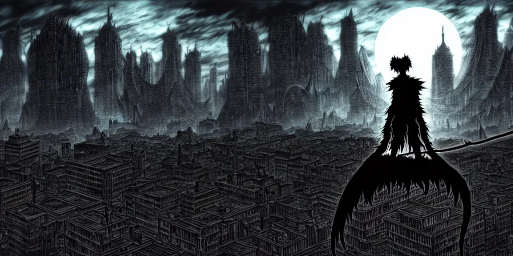 Image similar to Big city, huge cat monster silhouette in the background, in the style of Kentaro Miura, Berserk, landscape, hyperdetailed, ultra quality, 4k, ultra details