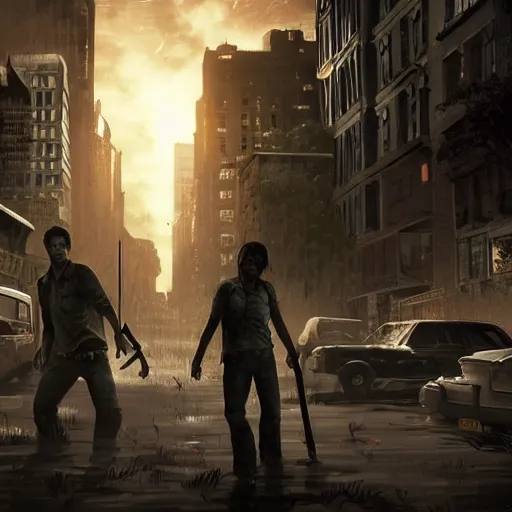 Image similar to a well lit apocalypse with zombies from the last of us, noir, highly detailed, hyperrealistic, artstyle