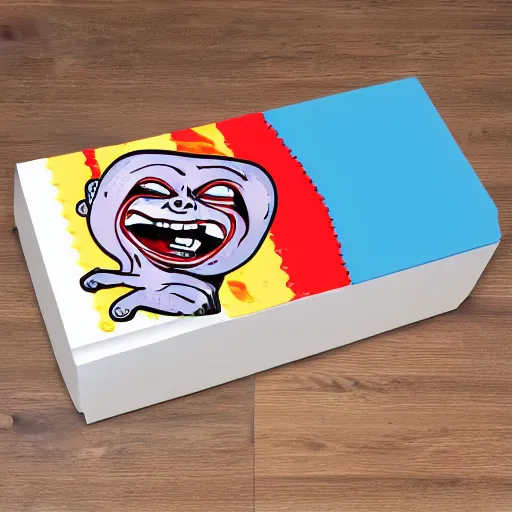 Prompt: screaming chucky doll ice cream box logo