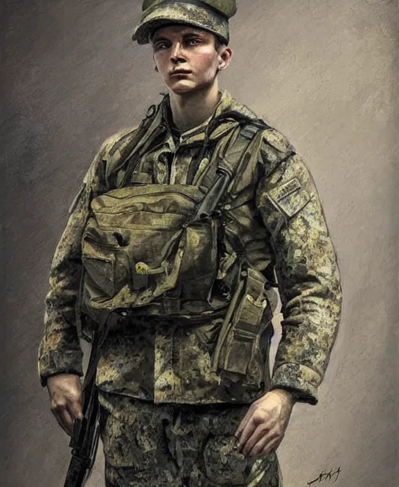 Prompt: portrait of a handsome young ukrainian soldier in kyiv, art by denys tsiperko and bogdan rezunenko, hyperrealism