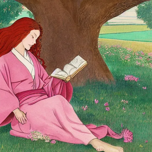 Prompt: beautiful ittle girl with long curly red hair dressed in a pink kimono and sitting next to a tree while reading a book, artwork made in western comic art style, inspired in balthus, anatomically correct, higher details