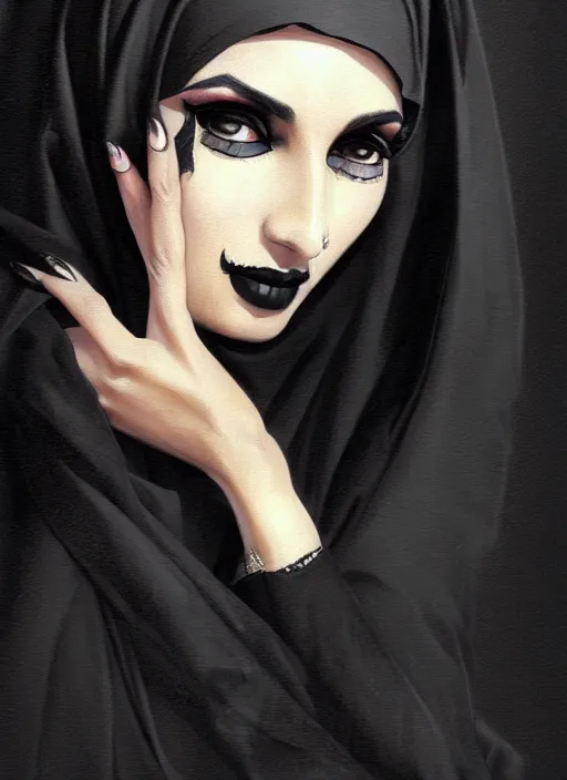 Image similar to portrait of an arab woman with a crooked nose and a confident expression, 1 9 6 0 s, black clothes, goth, punk, funk, intricate, elegant, highly detailed, digital painting, artstation, concept art, smooth, sharp focus, illustration, art by wlop, mars ravelo and greg rutkowski