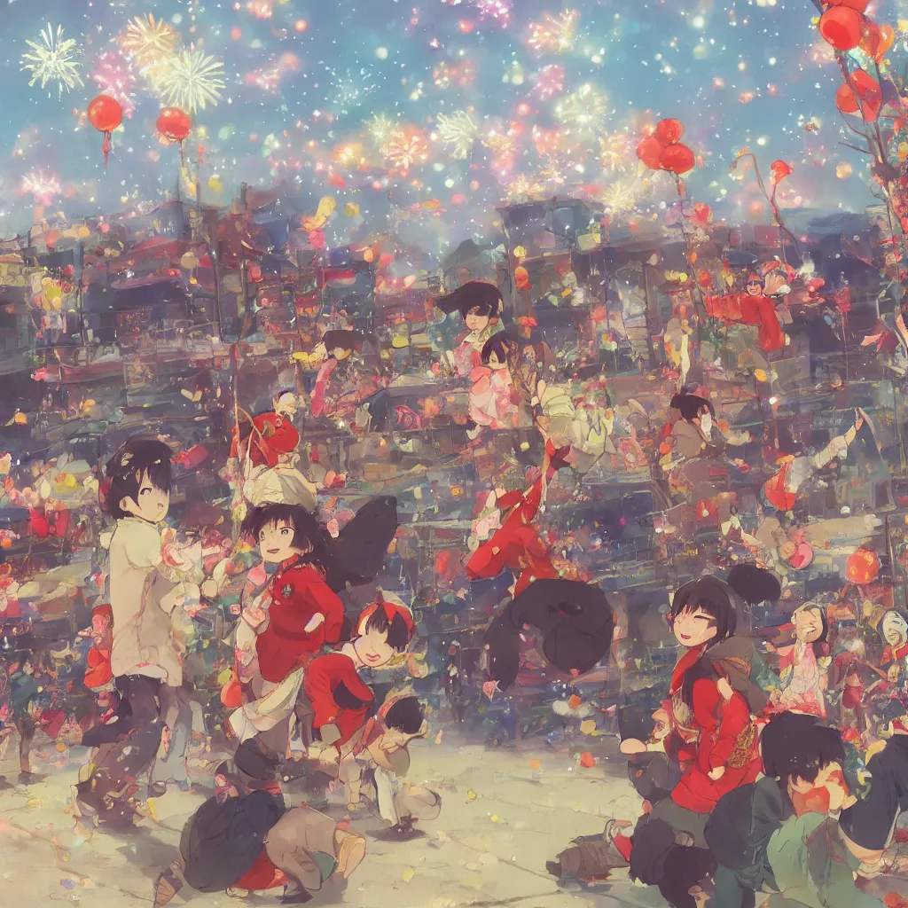 Image similar to A group of children playing at the Spring Festival rally, fireworks in the distance, very joyful, Chinese style, Spring Festival, fine, high picture quality, by Makoto Shinkai