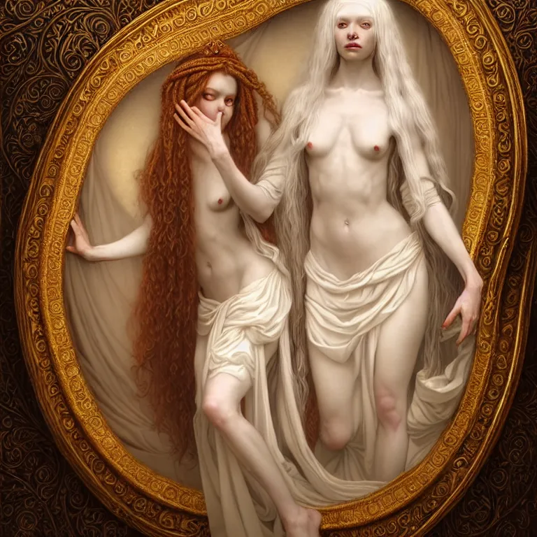 Image similar to renaissance style a wonderful woman albino goddess with a wonderful face and realistic body with long intricate hair with a beautiful porcelain symmetrical body dressed with a majestic warp ornate semi transparent cream long cotton dress, hightly ornate, intricate, detailed, dramatic light, cinematic, award winning, octane render, tom bagshaw style