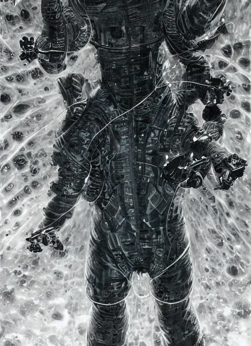 Image similar to astronauts in dark and empty void underwater - complex and hyperdetailed technical suit. reflection and dispersion materials. rays and dispersion of light. volumetric light. 5 0 mm, f / 3 2. noise film photo. flash photography. ultra realistic, wide angle. poster by wayne barlowe, hajime sorayama aaron horkey, craig mullins