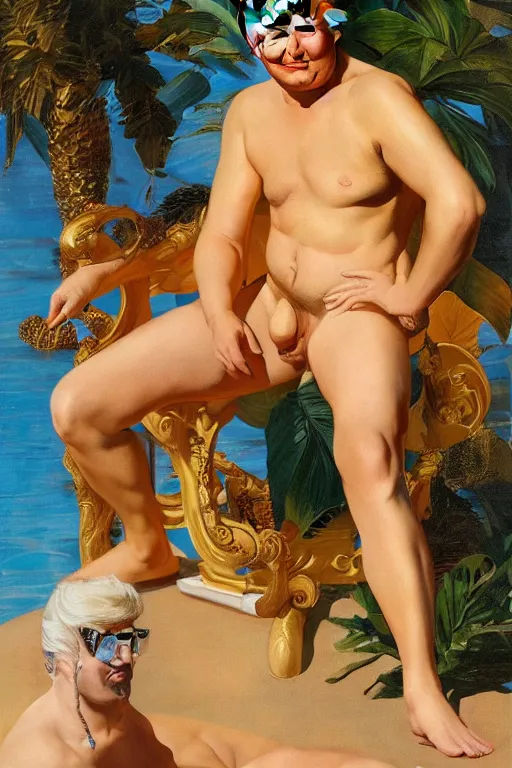 Prompt: Donald trump in a Speedo, golden hour, next to a tropical pool, artstation, by J. C. Leyendecker and Peter Paul Rubens,