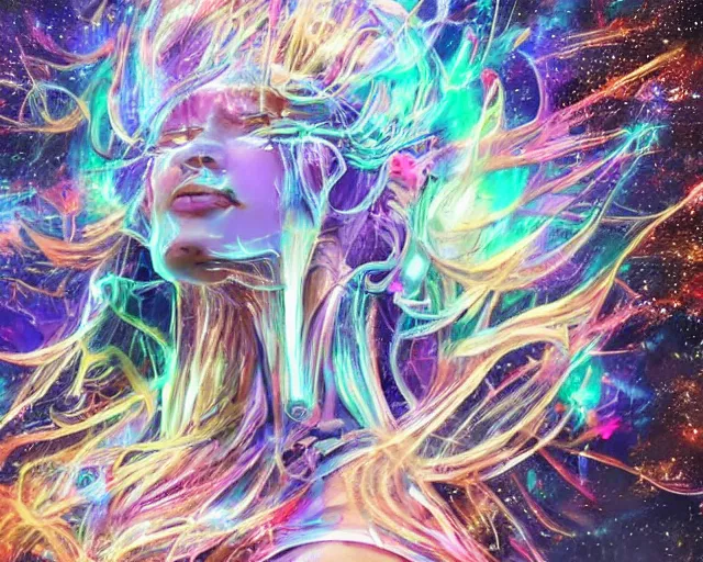 Image similar to glowing hair, complex cybernetic beings, beautiful hairy humanoids, cybermagnetosphere, cybernetic civilizations, ornate hair, love, joy, vortexes, large arrays, data holograms, 8 k, cinematic light shadows, wet hdr refractions, *, * * *, * * * * *