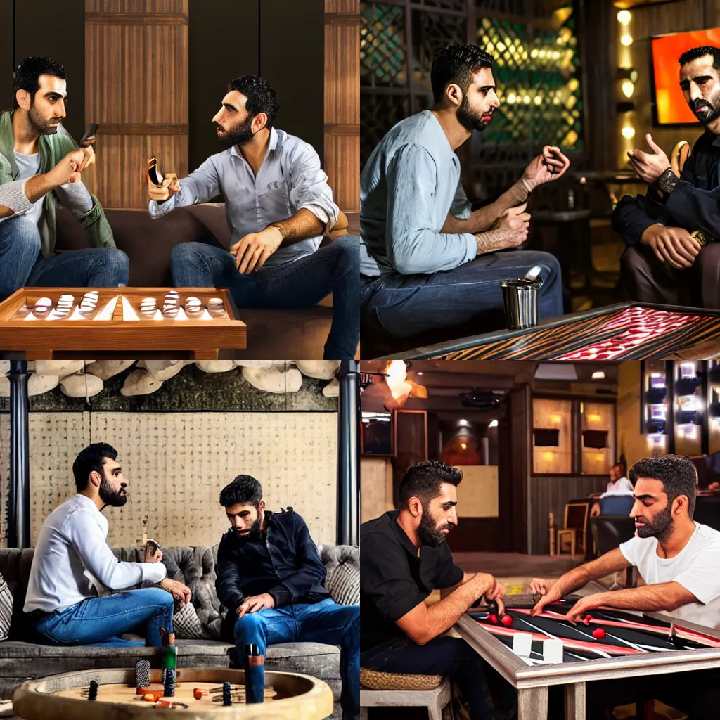 Prompt: Two photorealistic Lebanese men playing backgammon, action scene, both stressed, in a cloudy shisha bar, tv hanging in the background
