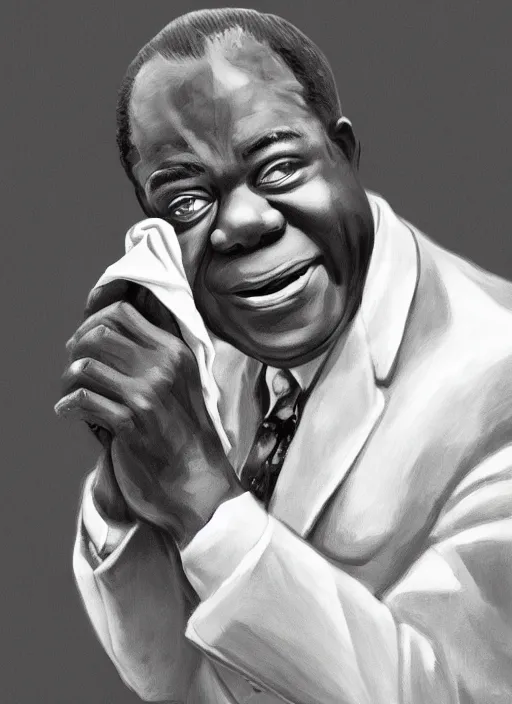 Prompt: a portrait of louis armstrong holding a white handkerchief, by jamie coreth, dramatic lighting, highly detailed digital painting