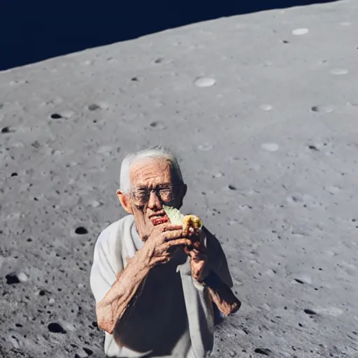 Image similar to an elderly man eating an ice cream on the surface of the moon, 🌕, 🍦, canon eos r 3, f / 1. 4, iso 2 0 0, 1 / 1 6 0 s, 8 k, raw, unedited, symmetrical balance, wide angle