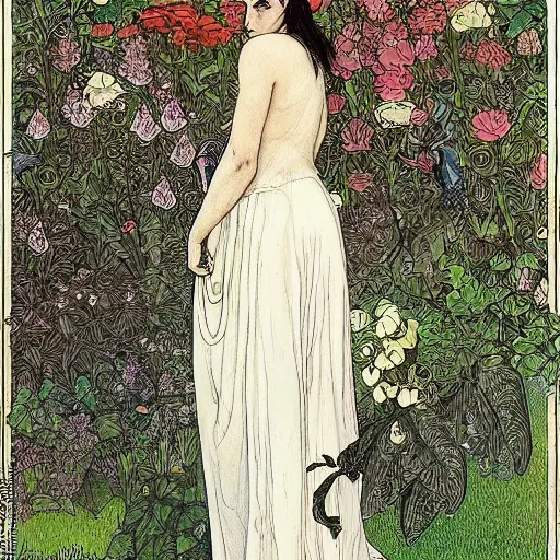 Image similar to stoic heroic emotionless blond butch tomboy woman, standing side by side with taller goth black - haired dark fae jennifer connelly, in love, romantic in romantic garden, mike mignogna, illustration, pen and ink, oil painting, highly detailed, mucha