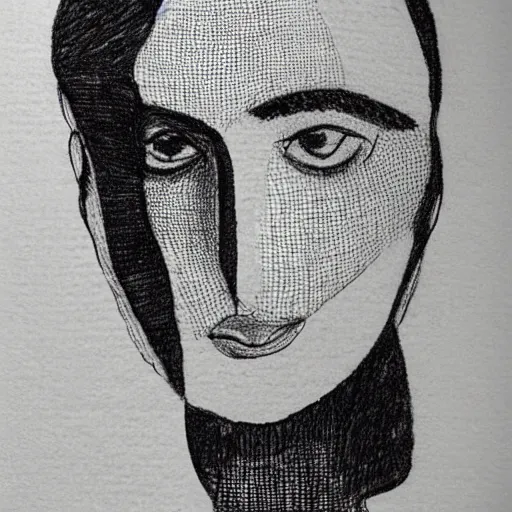 Prompt: a black and white drawing on an old piece of paper showing a person made out of mesh
