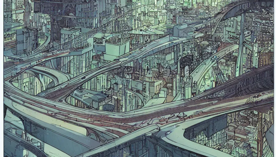 Image similar to ligne claire art of a future city intertwined with nature, street-level view, by Moebius, Eisner award-winning spread