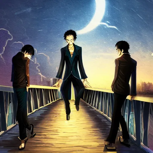 Prompt: two young men, one man human, one man vampire, night, on a bridge, in the style of one piece