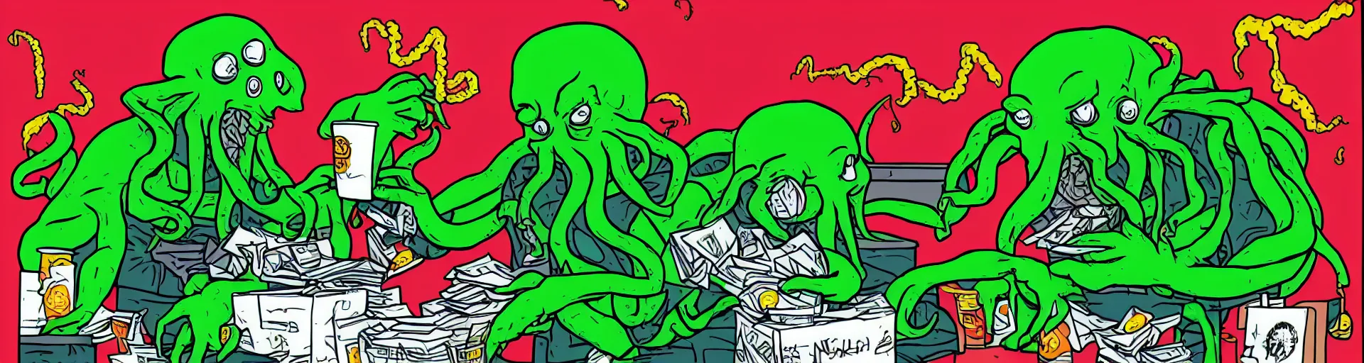 Prompt: Cthulhu working at McDonalds because he lost all of his money leverage trading bitcoin, mike judge art style, 90s mtv illustration