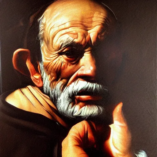 Image similar to detailing character concept portrait of old man by Caravaggio, on simple background, oil painting, middle close up composition