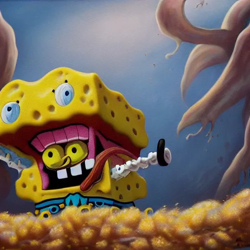 Image similar to SpongeBob, elden ring boss, matte painting, detailed, elden ring, oil on canvas