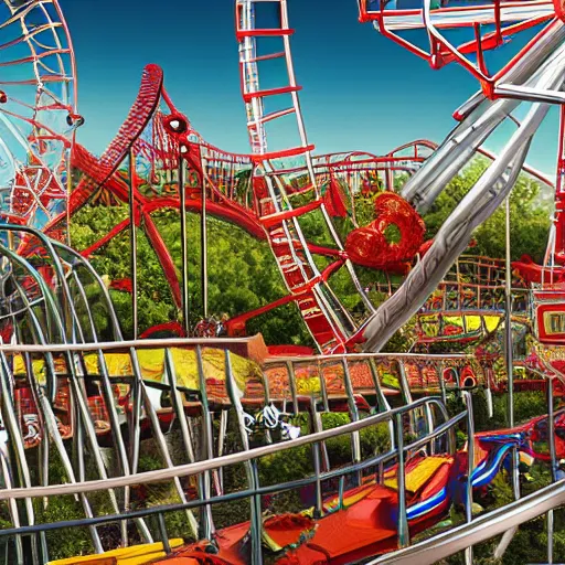 Prompt: highly detailed rendering of harry hausen land with roller coaster, ferris wheel, by michael pucciarelli, 8k resolution, digital art