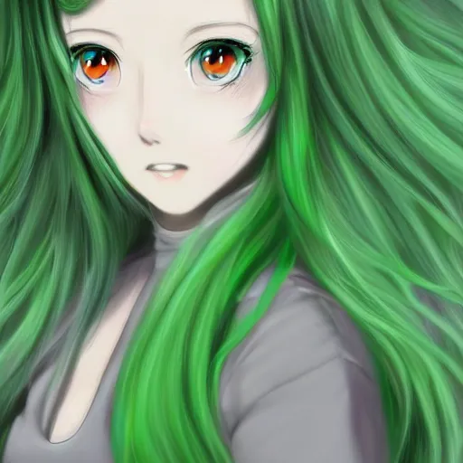 Prompt: adult girl with long green hair, anime style, illustration, digital painting, art germ