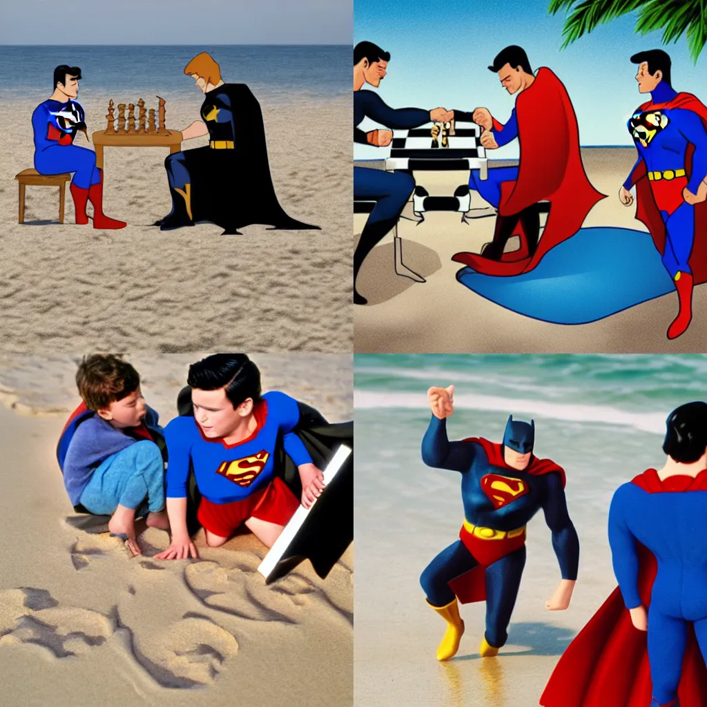 Prompt: Superman and Batman playing chess on a sunny beach.