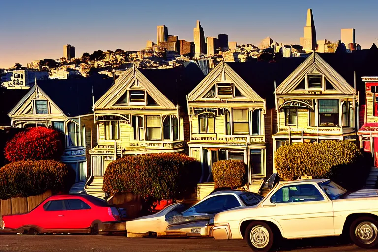 Prompt: typical San Francisco houses, award winning photograph, high exposure, golden hour, 15-30mm, panorama, autumn, car lights, photorealistic, 70s cars, 70s filter, shadows