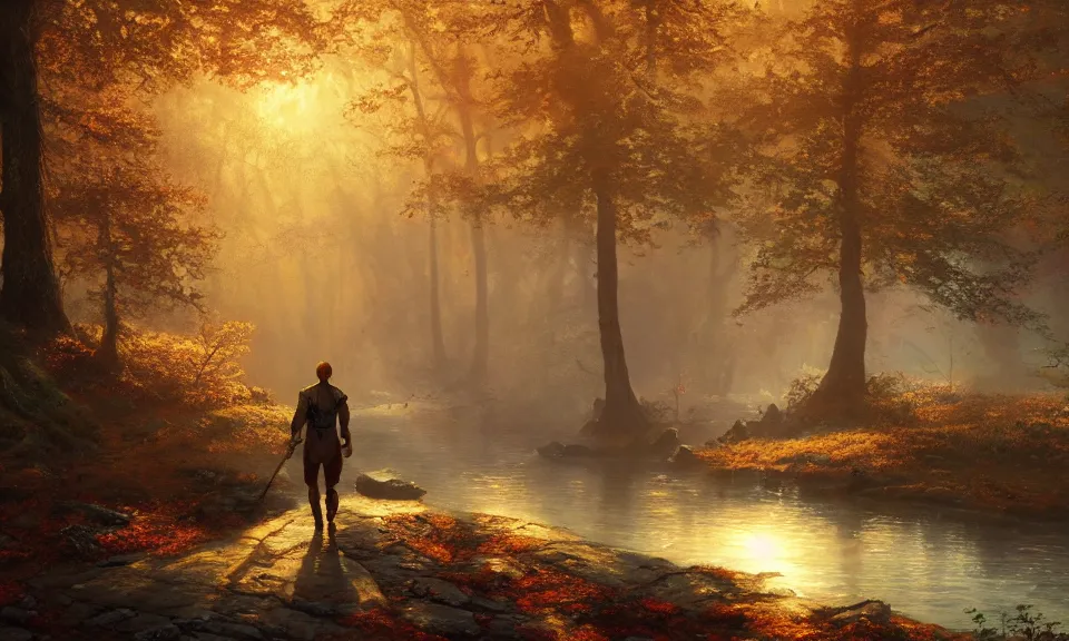 Prompt: A highly detailed 4K fantasy matte painting of an adventurer walking along the river bank in a forest during the golden hour in autumn, volumetric sun rays and dust, water reflection, Thomas Kinkade, Greg Rutkowski, ArtStation, CGSociety, Unreal Engine