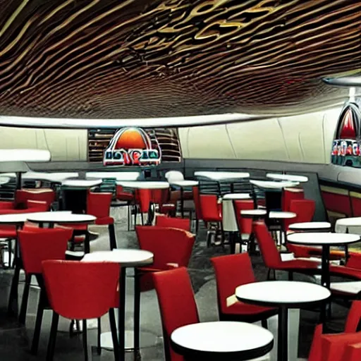 Image similar to mcdonald restaurant inside of the death star from star wars, spaceship flying towards it, realistic style