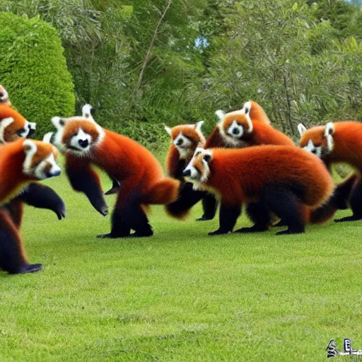 Prompt: huge number of red pandas! dancing at a party