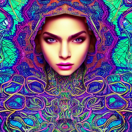 Prompt: the face of a ridiculously beautiful and pretty arab woman partially made of onion rings of all colors looking down, an ultrafine detailed illustration by james jean, final fantasy, intricate linework, bright colors, behance contest winner, vanitas, angular, altermodern, unreal engine 5 highly rendered, global illumination, radiant light, detailed and intricate environment