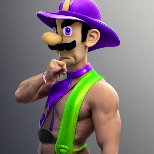 Image similar to highly detailed full body portrait of Waluigi wearing a mankini, digital art, concept art, character art, cinematic lightning, bright colors, intricate, masterpiece, photorealistic, hiperrealistic, sharp focus, high contrast, Artstation HQ, DeviantArt trending, 4k UHD, Unreal Engine 5