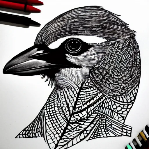 Prompt: magpie, detailed intricate sketch, 4k, illustration, cross hatched, black ink on white paper