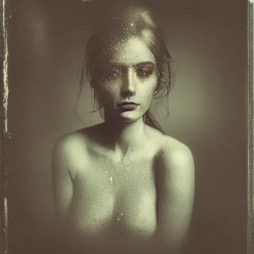 Image similar to fuji film, wetplate, motion blur, realistic character portrait photo of a beautiful woman, muted colours, by britt marling, glitter