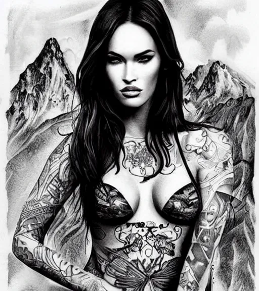 Image similar to double exposure tattoo design sketch of megan fox with beautiful mountain scenery, realism tattoo, in the style of den yakovelev, amazing detail, sharp