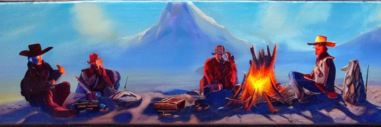 Prompt: wizards and cowboys sitting around a campfire discussing the days work, theme western sci-fi, old west oil paint on canvas