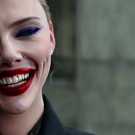 Image similar to beautiful awe inspiring Scarlett Johansen as The Joker smiling maniacally 8k hdr