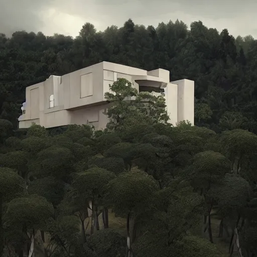 Image similar to modernist beige house built like a rectangular stadium with garden in the middle, on a hill surrounded by big trees, dramatic lighting, artstation, matte painting, raphael lacoste, simon stalenhag, frank lloyd wright, drone view