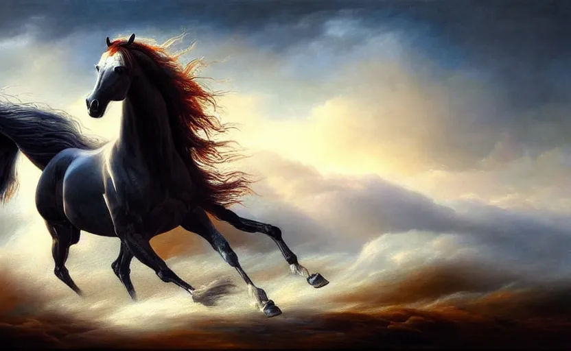 Prompt: a masterpiece oil painting of a proud horse galloping. wide angle, fantasy art, heroic lighting, very very very beautiful raytraced rendering, fog, finger of god, amazing wallpaper