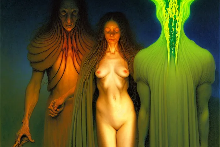 Prompt: the female arcanist and the male artificer by zacharias aagaard and albert bierstadt and gerald brom and zdzisław beksinski and james gilleard and wayne barlowe and marc simonetti, beautiful, flesh robes, highly detailed, hyperrealistic, intricate, energy, electricity, blue flame, low light, green crystal, high contrast, submission