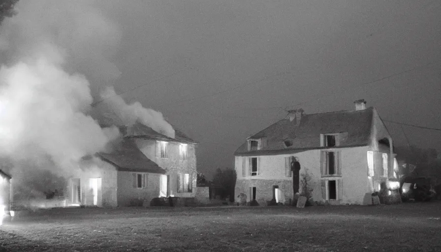 Prompt: 1 9 7 0 s movie still of a heavy burning french style little house by night in autumn, in a small northern french village, by sony mini dv camera, heavy grain, low quality, high detail, dramatic light, anamorphic, flares