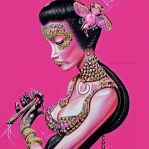 Image similar to a woman with a pink panther in her arms, wearing strong jewerly and crystals, surreal, art by peter lloyd, 1 9 8 0's art, airbrush style, art by hajime sorayama,, intricate, elegant, sharp focus, illustration, highly detailed, h 8 0 0