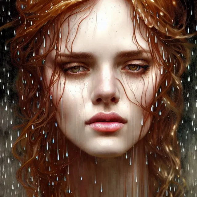 Image similar to bright portrait rain on face and wet hair, overhead lighting, fantasy, intricate, elegant, dramatic lighting, highly detailed, lifelike, photorealistic, digital painting, artstation, illustration, concept art, smooth, sharp focus, art by John Collier and Albert Aublet and Krenz Cushart and Artem Demura and Alphonse Mucha