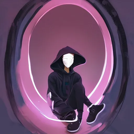 Prompt: a portrait of a 1 5 year old in a black hoodie with the hood on his head wearing black pants and shoes and round sunglasses and a black mask in the style of artgerm, charlie bowater, atey ghailan and mike mignola, vibrant colors and hard shadows and strong rim light, plain background, comic cover art, trending on artstation
