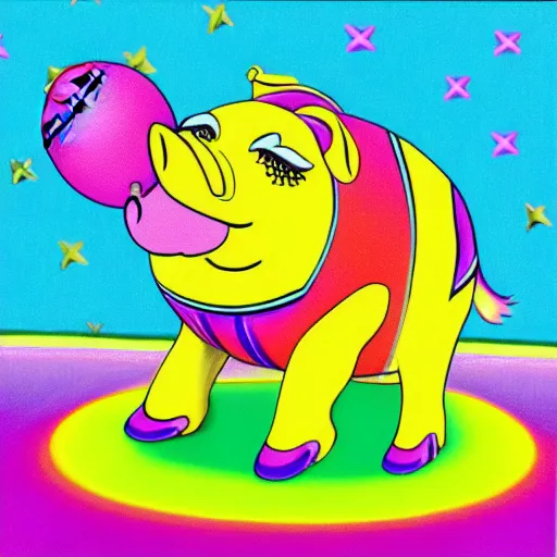 Image similar to lisa frank dashing pig wearing a simple gold throwing a football in the style of peter max