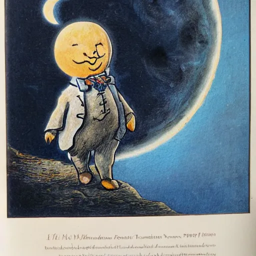 Image similar to cresent moon man smiling portrait, surrounded by clouds, landscape, illustrated by peggy fortnum and beatrix potter and sir john tenniel