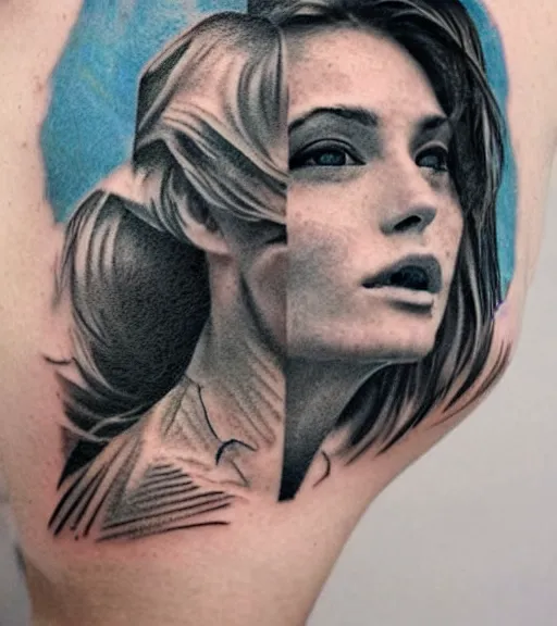 Prompt: realism tattoo sketch of a beautiful woman's face double exposure effect with beautiful mountain scenery, in the style of matteo pasqualin, amazing detail, sharp, faded