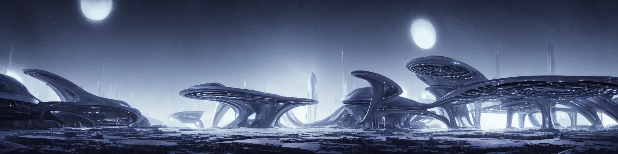 Image similar to futuristic space station in the snowy mountains 3 d concept art, cinematic lighting, intricate details, building by zaha hadid, pastel sunset, emissary space by arthur haas and bruce pennington and john schoenherr, cinematic matte painting, dark moody monochrome colors, trending on artstation, featured on behance